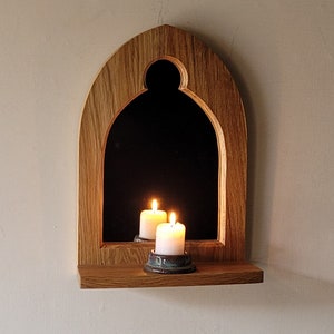 Gothic Arch Solid Wooden English Oak Keyhole Trefoil Wall Mirror & Shelf 34 cm long Hand Made
