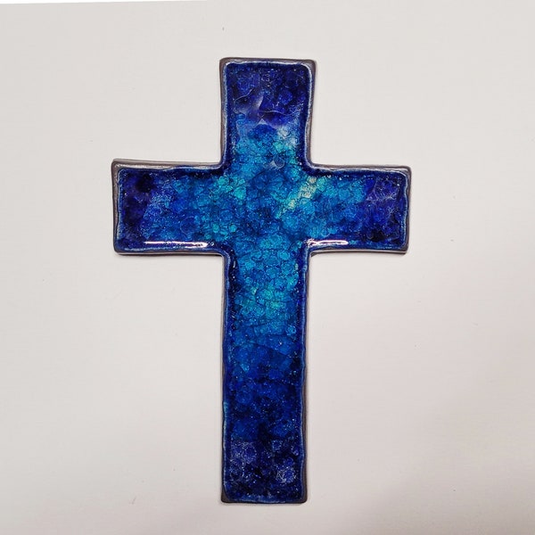 Plaque murale en céramique incrustée de verre bleu faite à la main, cadeau religieux de Pâques pour baptême chrétien