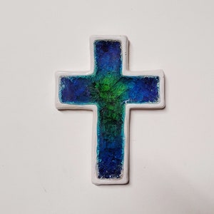Hand made Ceramic Blue and Green Glass Cross Wall Plaque Christian Religious Christening Easter Gift