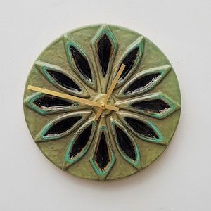 Unusual Hand Made Circular Round Khaki Sage Green Glazed Wall Clock with Inlaid Black Glass 25 cm Diameter