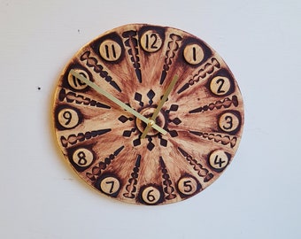 Hand Made Circular Round Brown and Natural Ceramic Wall Clock Quartz 25 cm diameter with Numbers
