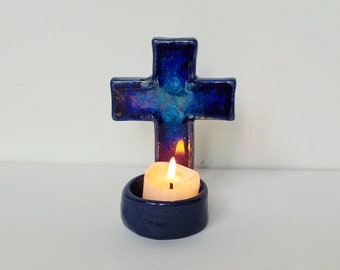 Blue Ceramic Glass Cross Candle Holder Free Standing Wall Hanging Religious Gift Hand Made