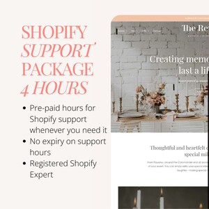Może przedstawiać: Grafika w kolorze różowym i białym z tekstem "SHOPIFY SUPPORT PACKAGE 4 HOURS" i listą korzyści: przedpłacone godziny wsparcia Shopify, kiedy tylko go potrzebujesz, brak daty ważności godzin wsparcia i zarejestrowany ekspert Shopify.