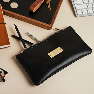Personalized Leather Pencil Case | Engraved Brass Plate, Stationery Gift