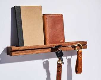 Daily Carry Shelf with Key Slot | Walnut Wood Shelf Ledge with Key Holder for Daily Organisation