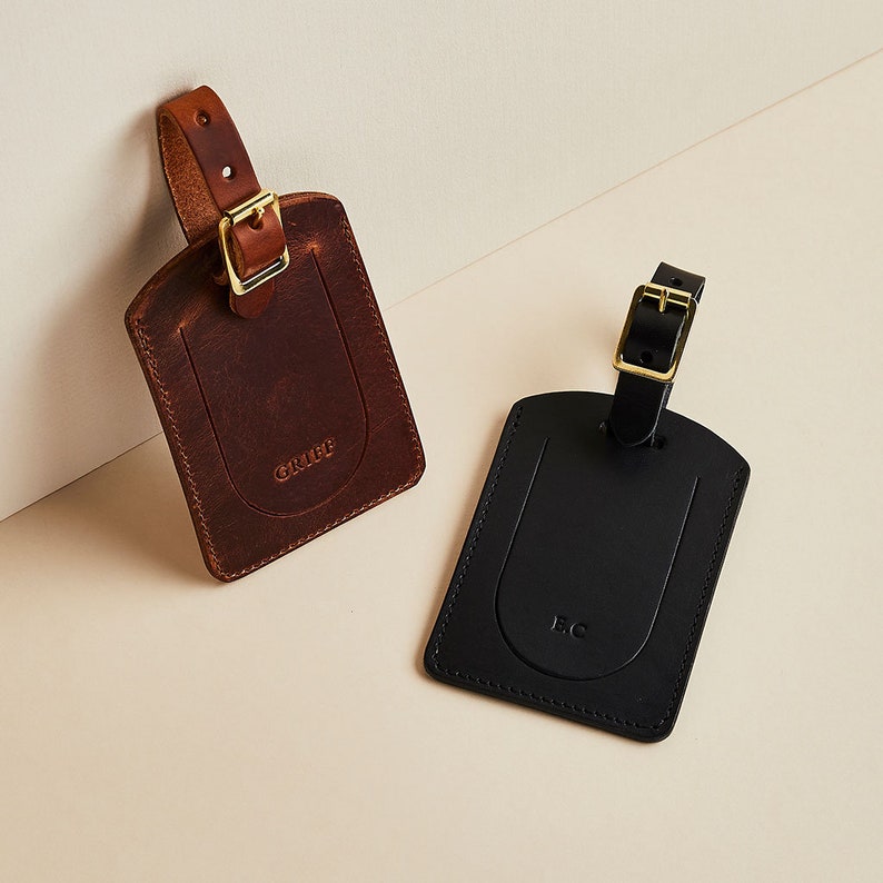 Leather Luggage Tag with Personalised Initials Card Insert / Traditional Flap Style Luggage Tag / Travel Gift for Him / Handmade Tag image 2