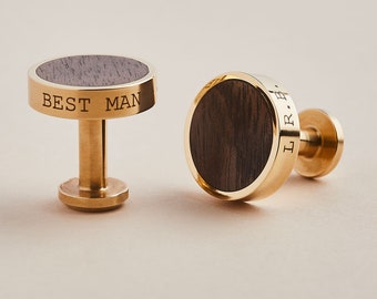 Solid Brass and Walnut Wood Personalised Cufflinks | Wedding Cufflinks for Groom & Groomsmen with Pouch | Engraved Anniversary Gift Cufflink