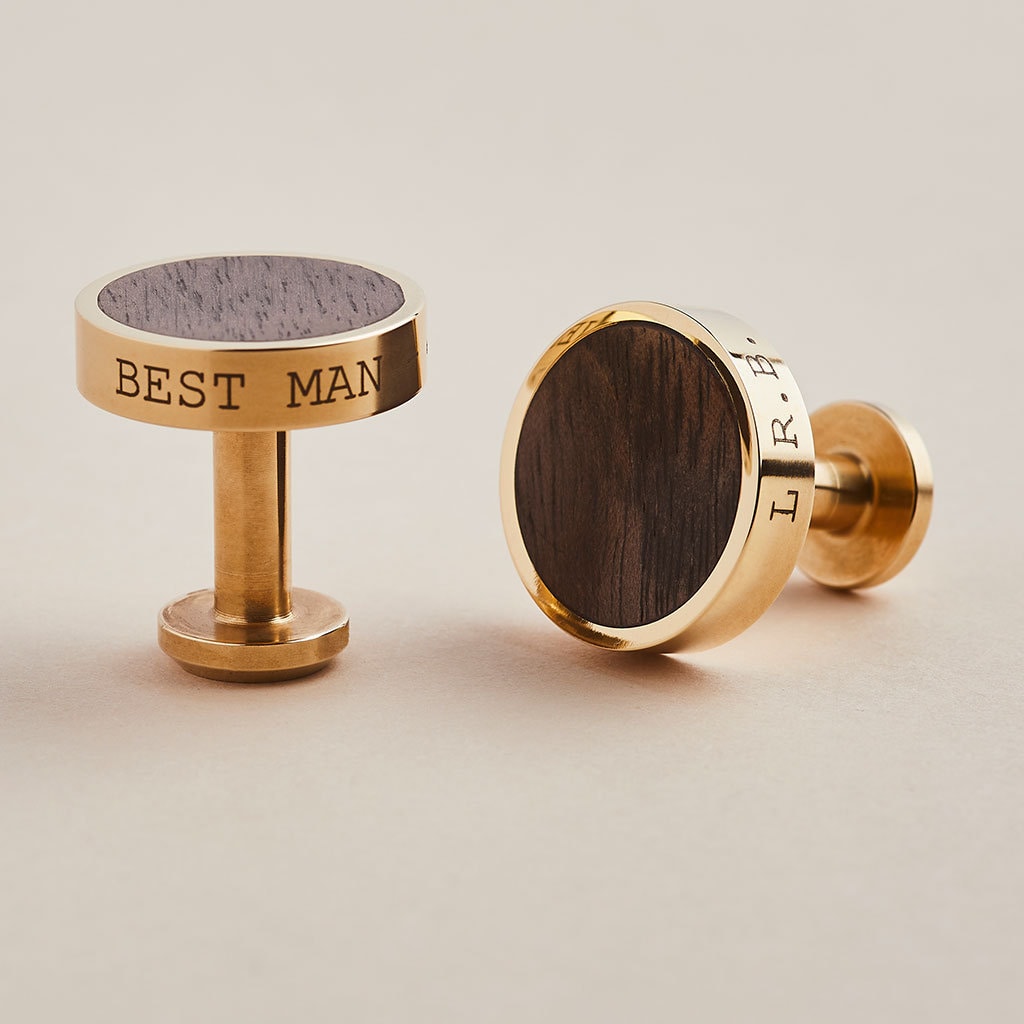 Solid Brass and Walnut Wood Personalised Cufflinks | Wedding Cufflinks for Groom & Groomsmen with Pouch | Engraved Anniversary Gift Cufflink