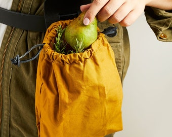 Canvas Foraging Bag With Personalised Leather Casing | Foraging Pouch Belt Bag - Waxed Cotton Lining | Fold Up Bag for Wild Food Gathering