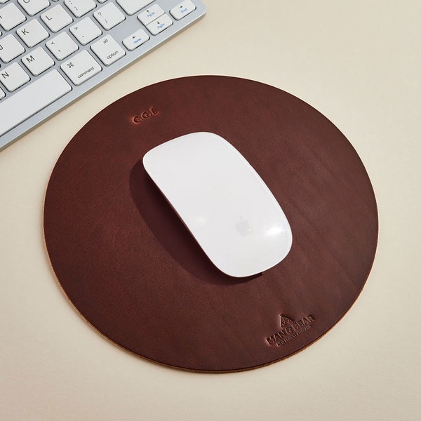 Personalised Leather Mouse Mat | Smart Leather Mousepad in Tan or Black Leather with Initials | Home Office Leather Accessory