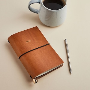 A6 Leather Notebook Cover + Personalised Initials / Refillable Leather Travel Journal / Handmade Gift for Him / Tan Brown, Navy Blue, Black
