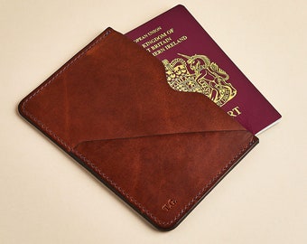 Leather Passport Sleeve with Personalised Initials / Slim Passport Holder + Ticket Pocket / Handmade Travel Gift for Him / Tan Brown or Navy