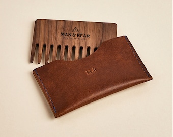 Wooden Beard Comb with Personalised Leather Pouch | Unique Father's Day, Birthday Gift, Best Man Gift for Bearded Man | Men's Grooming