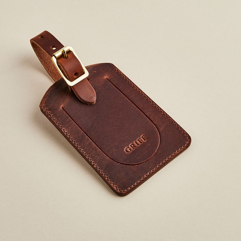 Leather Luggage Tag with Personalised Initials Card Insert / Traditional Flap Style Luggage Tag / Travel Gift for Him / Handmade Tag image 1