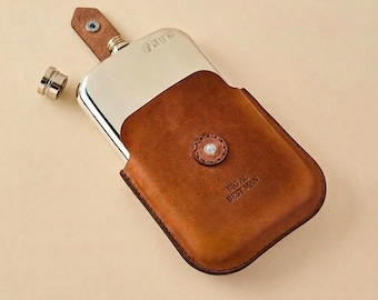 Personalized Leather Hip Flask, 6oz Pewter *US TARIFFS COVERED*
