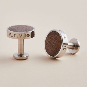 Stainless Steel and Walnut Wood Personalised Cufflinks | Wedding Gift for Groom & Ushers with Pouch | Engraved Anniversary Gift Cufflinks
