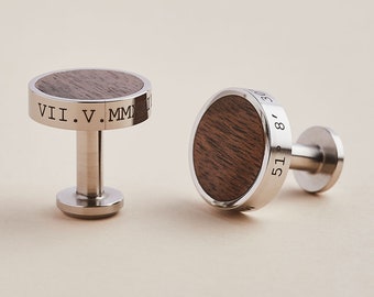 Stainless Steel and Walnut Wood Personalised Cufflinks | Wedding Gift for Groom & Ushers with Pouch | Engraved Anniversary Gift Cufflinks