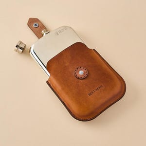 Personalised Leather Hip Flask  6oz Pewter Hip Flask with Personalised Leather Case | Custom Best Man or Groomsmen Gift | Made in England