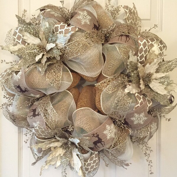 Ivory and Gold Poinsettia Christmas Wreath; Christmas Decor; Holiday Decor; Handmade Wreath; Vintage Christmas Decor