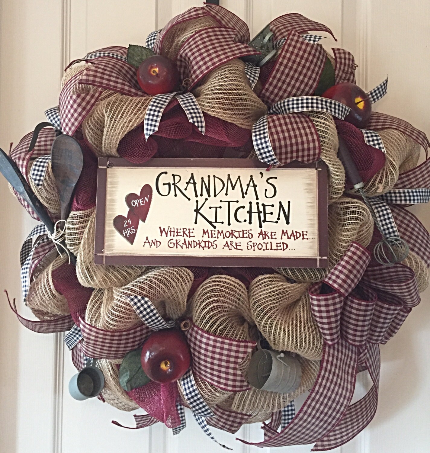 Grandma S Kitchen Burlap And Mesh Wreath With Kitchen Utensils