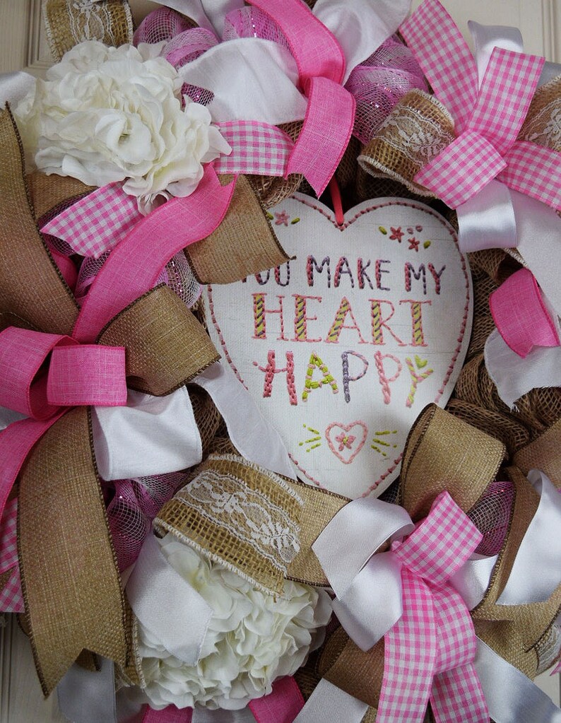 Pink White and Burlap You Make My Heart Happy Valentine Wreath Etsy