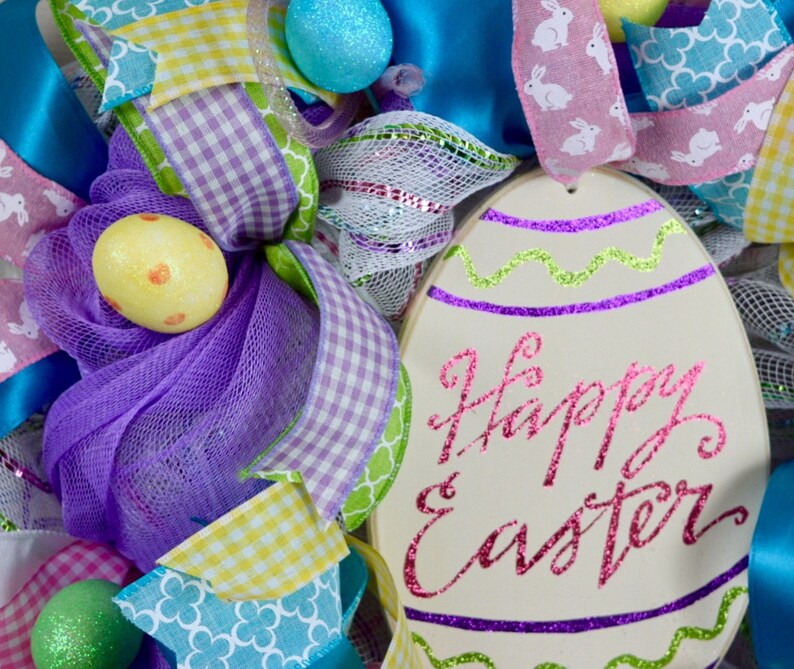 Happy Easter Metallic Mesh Wreath with Glitter Eggs; Pink Turquoise Purple Yellow Easter Door Decor; Pastel Spring Easter Egg Door Decor
