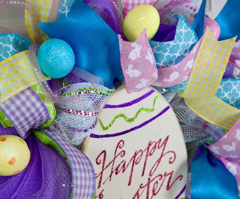 Happy Easter Metallic Mesh Wreath with Glitter Eggs; Pink Turquoise Purple Yellow Easter Door Decor; Pastel Spring Easter Egg Door Decor