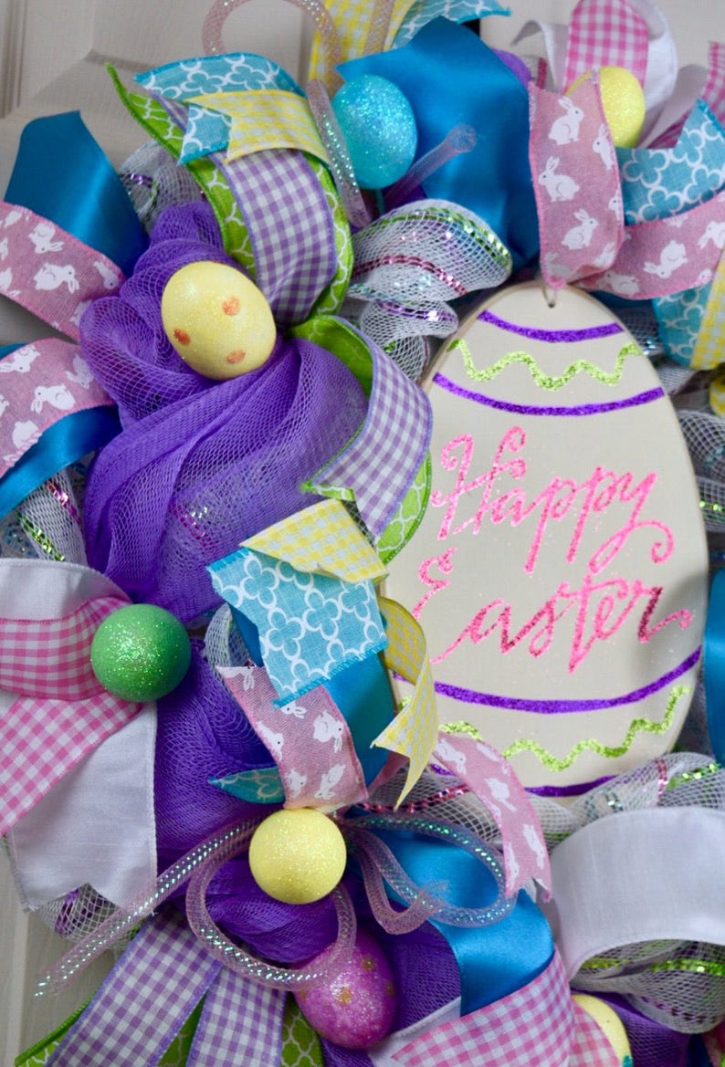 Happy Easter Metallic Mesh Wreath with Glitter Eggs; Pink Turquoise Purple Yellow Easter Door Decor; Pastel Spring Easter Egg Door Decor