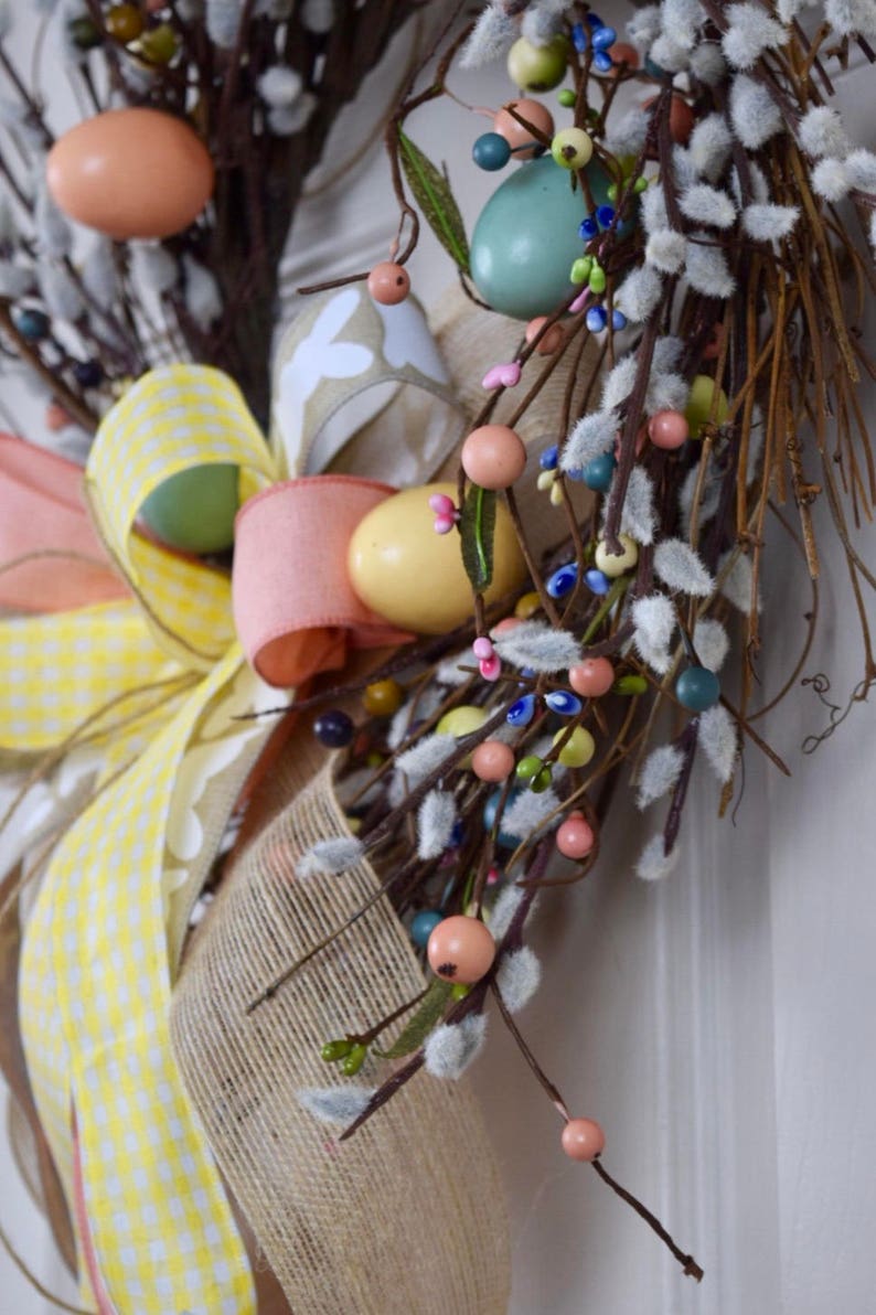Easter Egg Pussy Willow Twig Wreath With Bow And Berries Pink Etsy