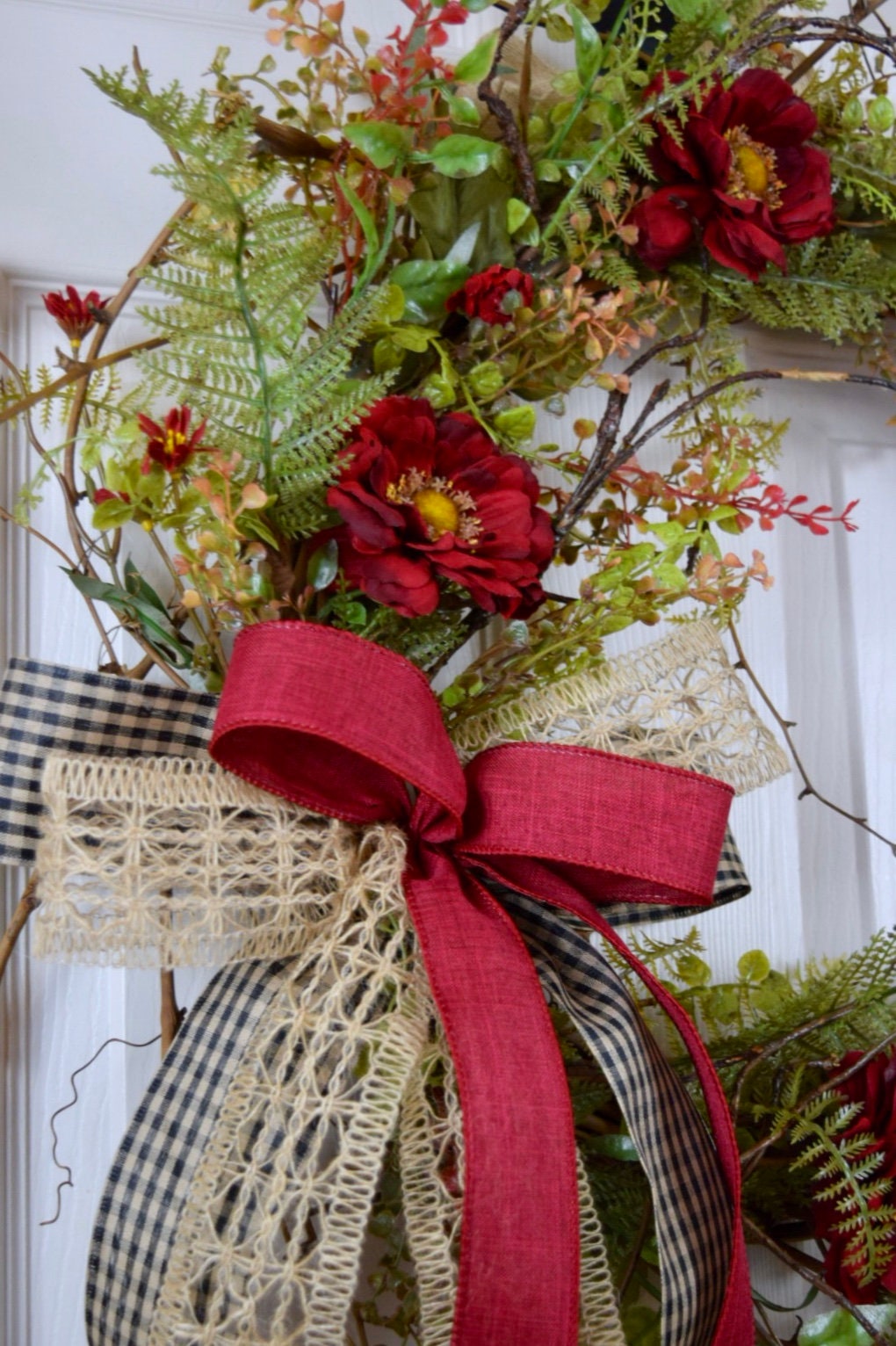 Burgundy Burlap And Black Sunburst Twig Wreath Primitive