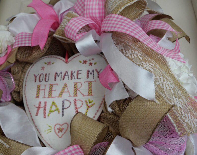 Pink White and Burlap You Make My Heart Happy Valentine Wreath Etsy