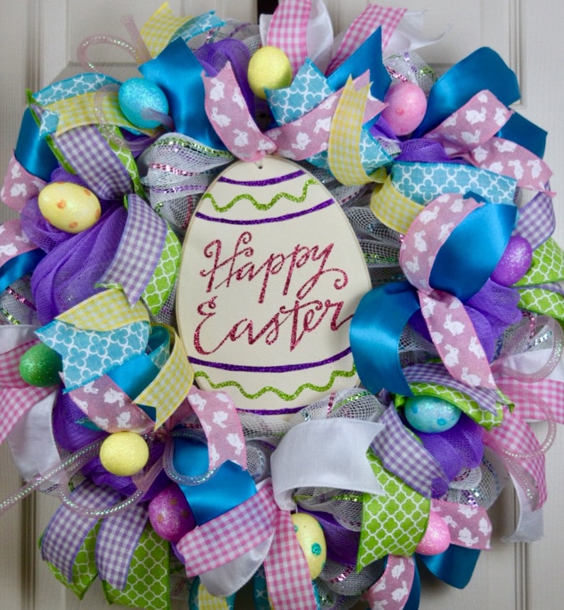 Happy Easter Metallic Mesh Wreath with Glitter Eggs; Pink Turquoise Purple Yellow Easter Door Decor; Pastel Spring Easter Egg Door Decor