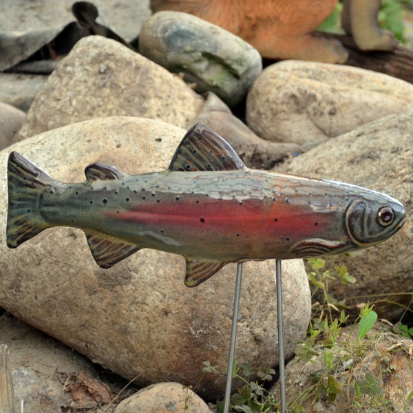 Ceramic Trout Stake. Garden Fish. Trout Decor.  Pottery.  Pond Stake.  Rainbow Trout Pattern.  Steel Stake for Secure Placement.
