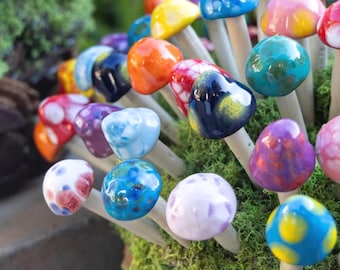 Handmade Mini Ceramic Mushrooms – Fairy Garden Decor, RooPottery (5/10 Pack)