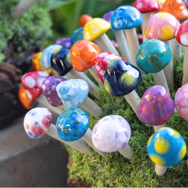 Handmade Fairy Ceramic Mushrooms – Fairy Garden Decor, RooPottery (5/10 Pack)