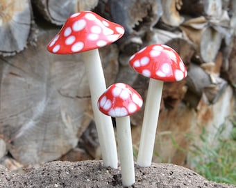 Red Polka Ceramic Mushroom. Garden Decoration