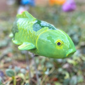 Ceramic Koi Fish Garden Stake, Green Pottery Pond Decor
