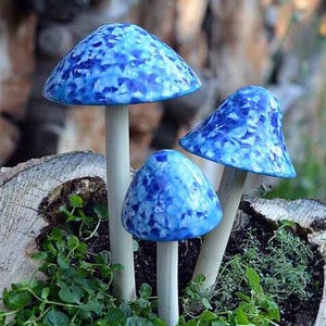 Frosty Blue Ceramic Mushroom – Handmade Garden Decor | Frostproof Outdoor Shroomyz by RooPottery