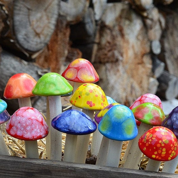 Micro Shroomyz Variety Pack Assorted Colors. Ceramic Miniature Mushrooms.  Garden mushrooms.  Ceramic garden stake.