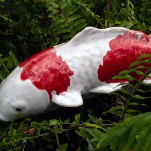 Ceramic Koi Fish Stake. White with Red. Garden Fish. Koi Decor.  Pottery.  Pond Stake.  Sculptures.  Steel Stake for Secure Placement.