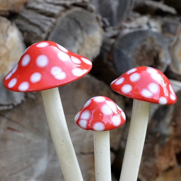 Red Polka Ceramic Mushroom.  Garden Stake Garden Art Garden Accessory Red with White Mushroom