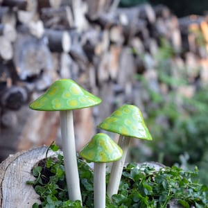 Lemon Lime Ceramic Mushroom. Shroomyz. Outdoor Garden Decoration, Light Green Mushroom, Garden Accessory image 2