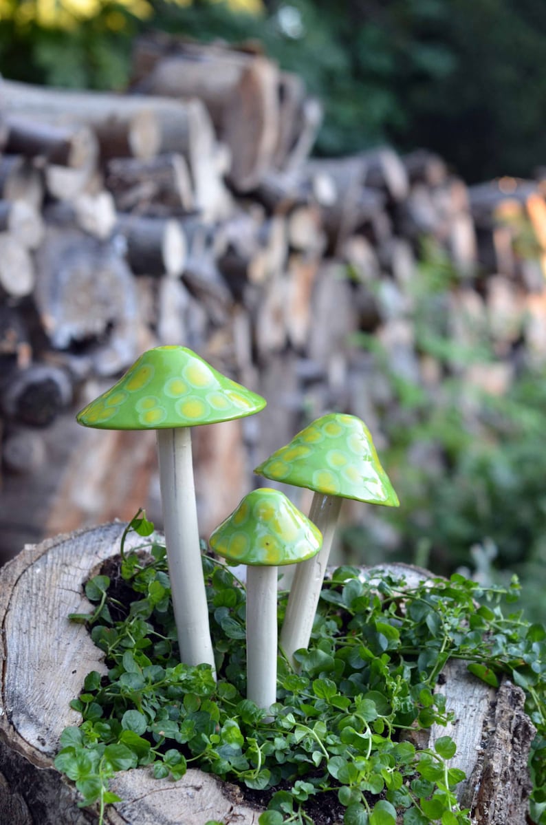 Lemon Lime Ceramic Mushroom. Shroomyz. Outdoor Garden Decoration, Light Green Mushroom, Garden Accessory image 2