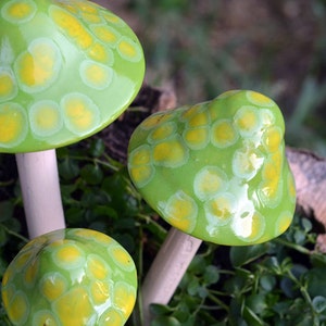 Lemon Lime Ceramic Mushroom. Shroomyz. Outdoor Garden Decoration, Light Green Mushroom, Garden Accessory image 1