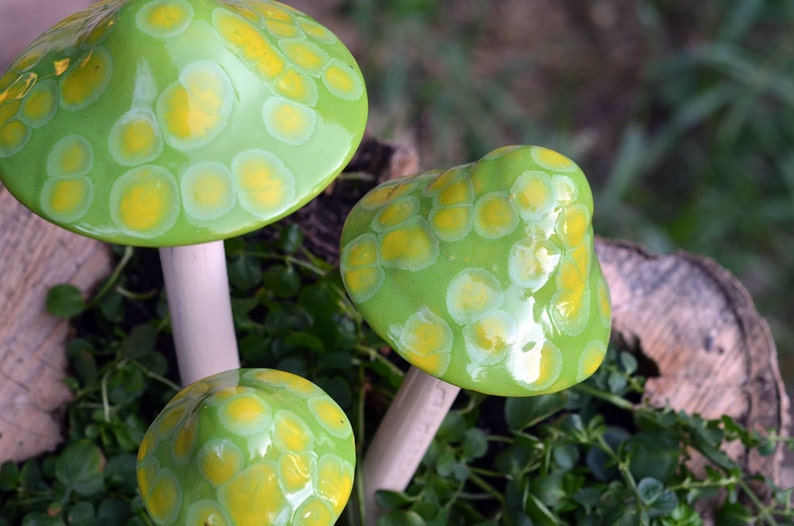 Lemon Lime Ceramic Mushroom. Shroomyz. Outdoor Garden Decoration, Light Green Mushroom, Garden Accessory image 1