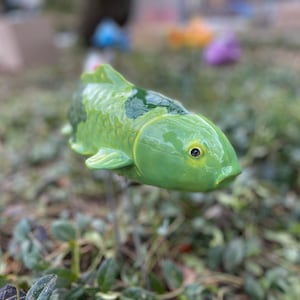 Green Ceramic Koi Fish Stake. Garden Fish. Koi Decor.  Pottery.  Pond Stake.  Sculptures.  Steel Stake for Secure Placement.