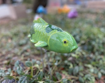 Green Ceramic Koi Fish Stake. Garden Fish. Koi Decor.  Pottery.  Pond Stake.  Sculptures.  Steel Stake for Secure Placement.