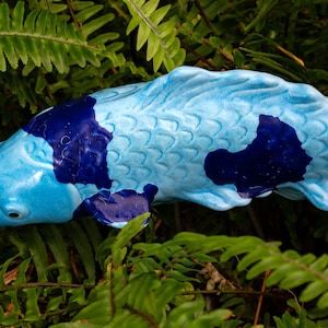Blue Ceramic Koi Fish Stake. Garden Fish. Koi Decor.  Pottery.  Pond Stake.  Sculptures.  Steel Stake for Secure Placement.