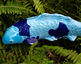 Blue Ceramic Koi Fish Stake. Garden Fish. Koi Decor.  Pottery.  Pond Stake.  Sculptures.  Steel Stake for Secure Placement.