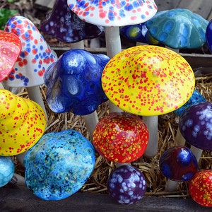 Ceramic Mushrooms: Crystal Pack.   Outdoor Decoration, Colorful Garden Stakes,  Home Decor